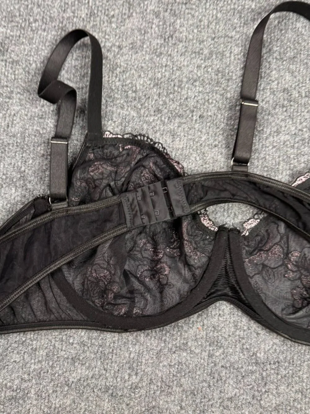 Women's Black & Pink Rose Floral Embroidered Sheer Mesh Underwire Bra Size 4XL